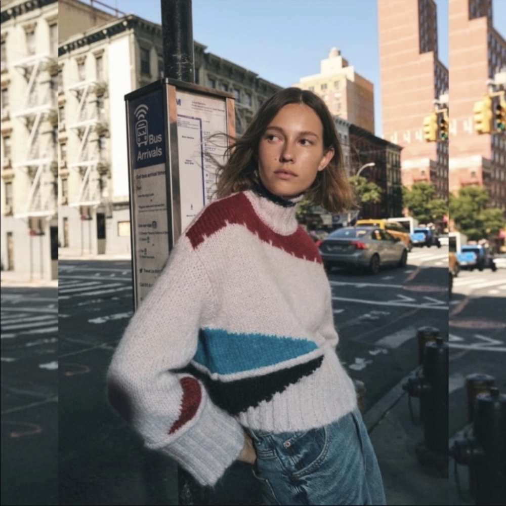 Zara L Blogger Favorite Pink Colorblock Wool Blend Crop Sweater Top Turtleneck